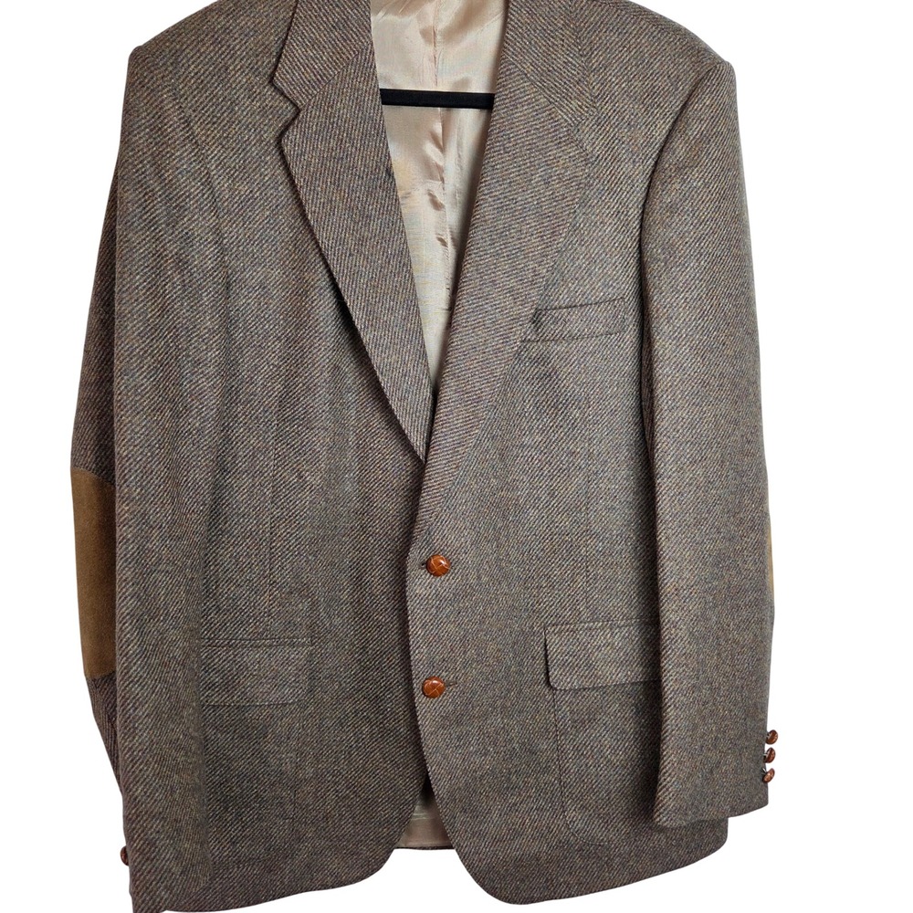 VTG Farah WFF Lambswool Herringbone Tweed Blazer Elbow Patch Academia 44L